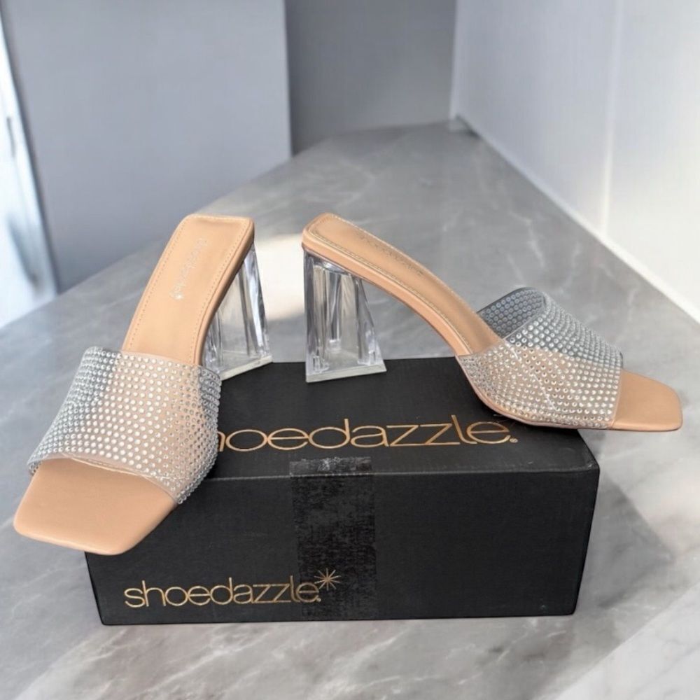 Shoedazzle Vela Rhinestone Clear Block Heel Slide Sandals Nude Size 11